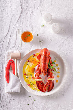 Elegant steamed lobster as premium food in restaurant.
