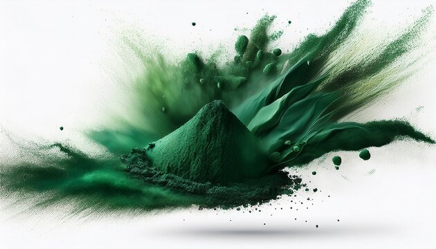dynamic explosion of dark green spirulina microalgae powder isolated on white background natural cosmetic ingredient and skincare advertising banner concept