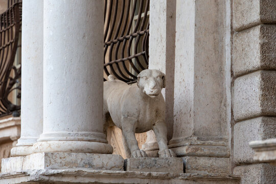 Ancient stone dog sculpture between architectural columns, Italy, Lombardy, Mantua, 3 June 2026