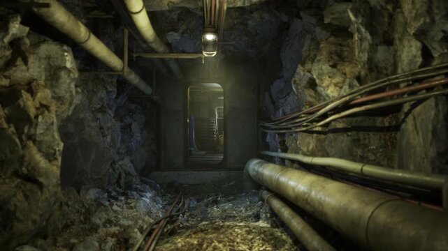 Dim underground medical ward with row of rusted beds, overhead ducts and scattered trolleys, cold blue glow and eerie silent atmosphere of derelict clinic