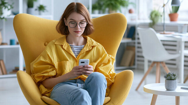 Young woman of Caucasian descent sitting in a yellow chair using a smartphone.