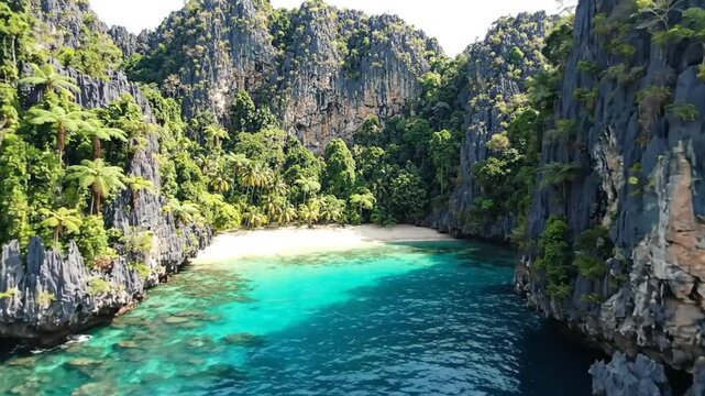 Aerial View of Secluded Tropical Beach and Limestone Cliffs