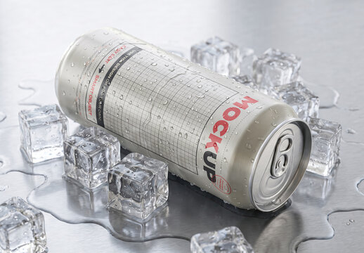 Cold Big Aluminum Can on Stainless Steel with Ice Cubes