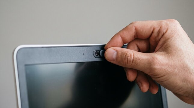Close-up of hand covering laptop webcam for privacy and security
