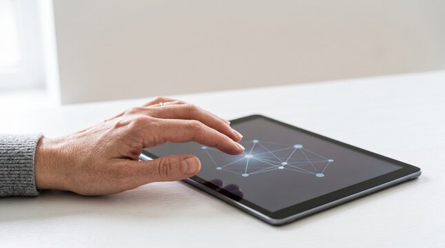 Person Reaching Out to a Tablet Screen for Digital Interaction