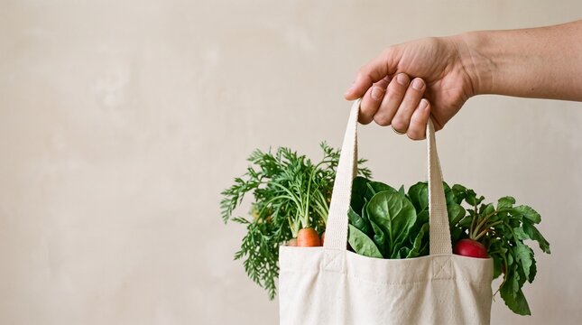 Close-up of hand holding a grocery bag with fresh vegetables