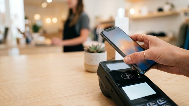 Close-up of hand holding smartphone near payment terminal in cafe