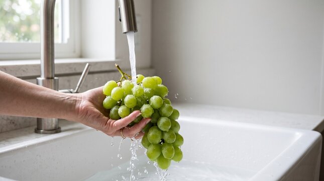 Hand rinsing fresh green grapes under running water in modern kitchen sink