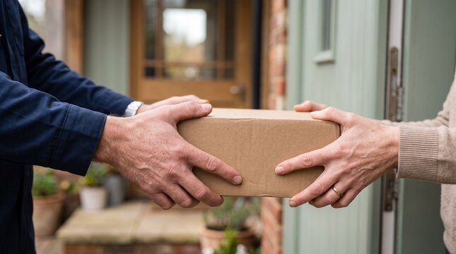 Hands Exchanging Cardboard Parcel in Delivery Transaction