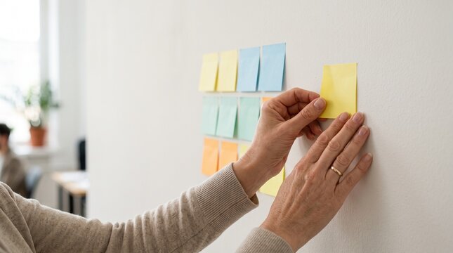 Person Organizing Sticky Notes on Wall for Planning or Brainstorming