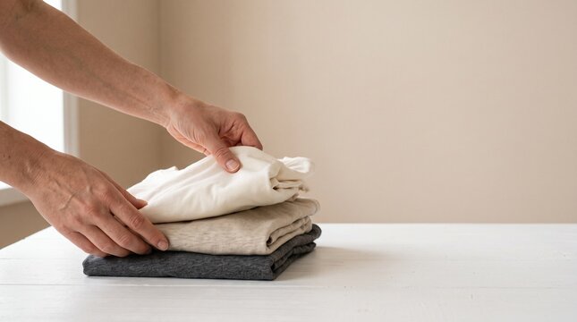 Hands Folding and Stacking Clean Shirts for Laundry or Organization