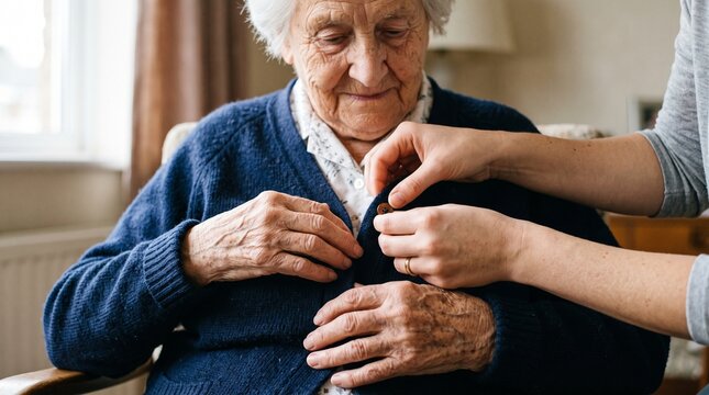 Elderly Woman Receiving Assistance from Caregiver in Home Setting
