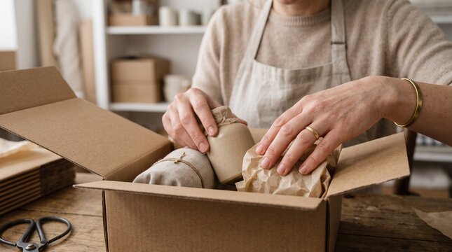 Person Packing Products into Cardboard Box for Shipping