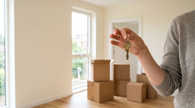 Person Holding House Key in Front of Moving Boxes
