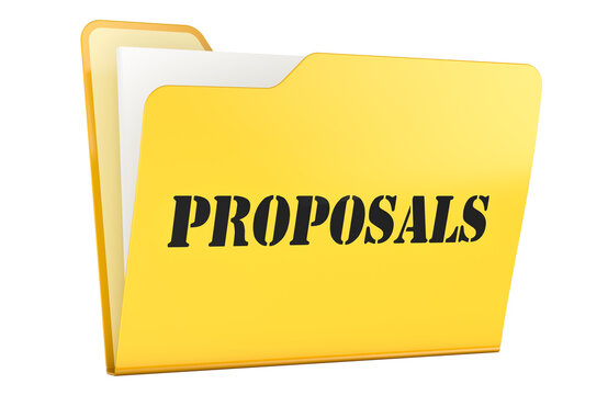 Proposals, yellow document folder with papers. 3D rendering