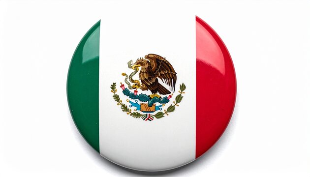 Round Glossy Mexico Flag Pin Badge Button Isolated on White Background