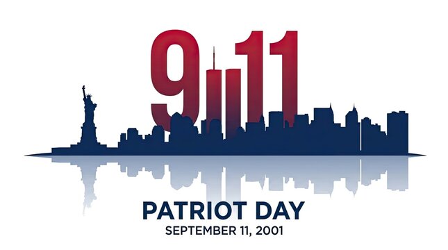 Patriot day september 11 2001 9 11 memorial skyline with statue of liberty reflection with displays text overlaying city skyline including overlaying dark blue blue silhouette new reflection with York