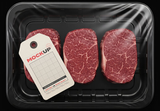 Steaks in supermarket tray Label Mockup