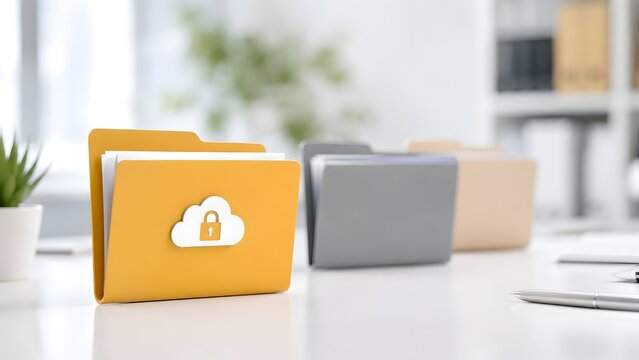 Yellow file folder with a secure cloud lock icon standing out among other folders on an office desk, symbolizing prioritized digital data security.