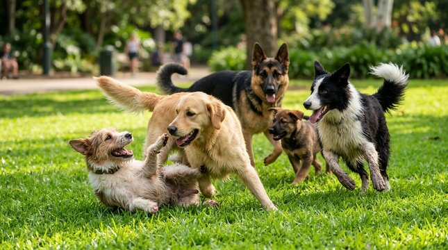 Group of diverse dogs playing together on a green lawn in a park. Multiple canine breeds running and socializing outdoors