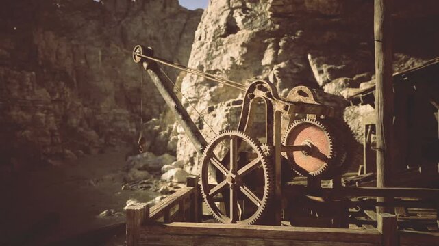 Operational ore crane in dusk canyon, wild west extraction scene, heavy ropes and winch, wooden scaffold and beam, creaking mechanism, moody amber light,