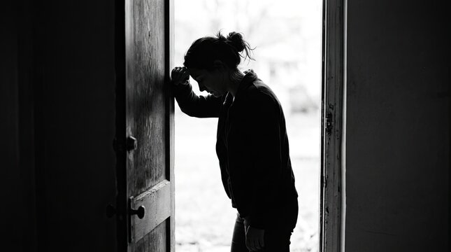 Silhouette of a distressed woman leaning against a doorway conveying feelings of sadness with against weathered doorframe, leaning her head, captures silhouette, vulnerability, loneliness, melancholy