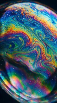 Soap bubble iridescent fluid swirling in rainbow color pattern