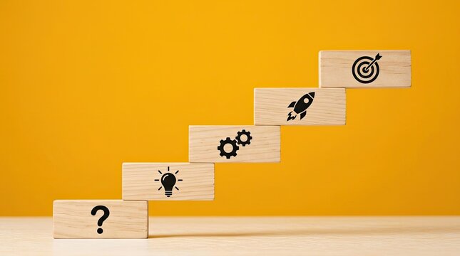Wooden blocks staircase with business icons question idea gears rocket target with each featuring black icon representing business concepts question mark lightbulb depicts staircase made management
