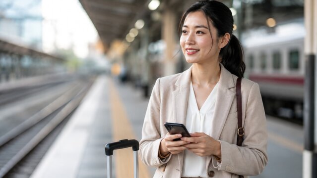 Asian Businesswoman with Smartphone and Luggage Waiting at Train Station