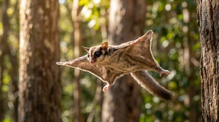 Fototapeta premium Young sugar glider gliding between trees in a forest. Small marsupial flying mid-air with extended membrane. Wildlife action photo
