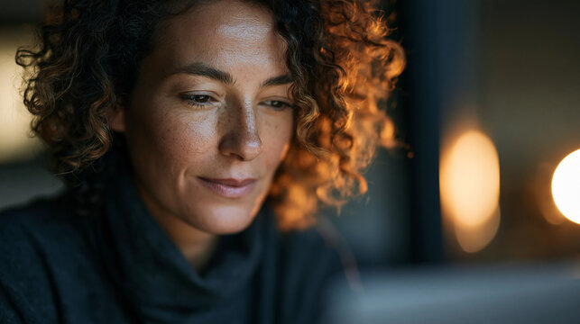 Thoughtful woman with curly hair works on a laptop in a cozy atmosphere.