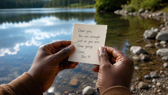 Hands Holding Inspirational Self Love Message on Paper Beside Peaceful Mountain Lake