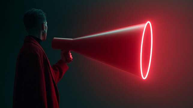 Male with light skin using a large red megaphone in a dark setting.