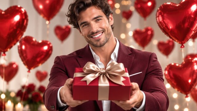 Smiling Handsome Man Presenting Elegant Red Gift Box Surrounded by Heart Balloons for Valentines Day