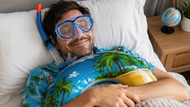 Man Sleeping in Bed Wearing Snorkeling Gear and Hugging Tropical Swim Ring Dreaming of Summer Vacation