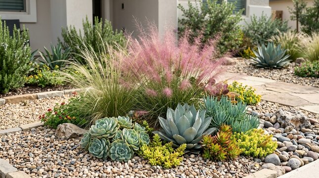 Xeriscape front yard landscaping with drought-tolerant plants. Sustainable modern garden design featuring agaves, succulents, and pink ornamental grass
