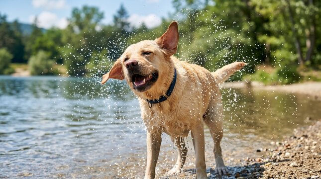 Yellow Labrador shaking water off wet fur. Golden retriever spraying water droplets on a lake shore