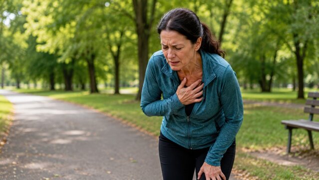 Mature Woman Experiencing Sudden Chest Pain and Shortness of Breath During Outdoor Exercise in Park
