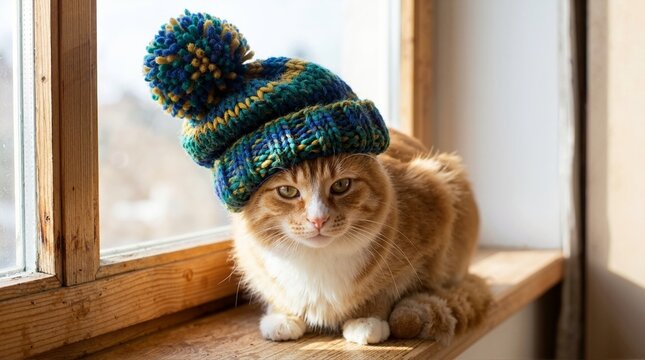 Orange tabby cat wearing a handmade knit hat. Cute domestic cat with a colorful pom pom beanie sitting on a windowsill