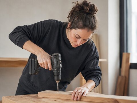 Handwerkerin bohrt konzentriert in ein Holzbrett in ihrer Werkstatt, professionelle Holzbearbeitung mit Akkuschrauber, Pr&auml;zision und modernes Handwerk bei der Arbeit.