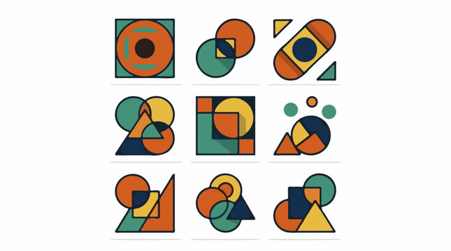 Abstract Geometric Icons Set with Flat Design and Soft Shadows, Featuring Circles, Squares, and Triangles in Warm Orange, Teal, and Yellow Tones, Arranged in a 3x3 Grid for Graphic Resources