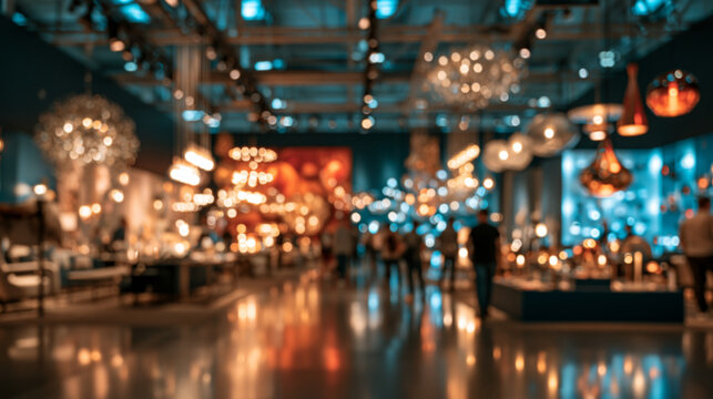 Elegant blurred lighting store with decorative chandeliers, pendant fixtures, warm white illumination, cyan accents and shoppers for premium home decor marketing, interior renovation and commercial ba