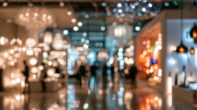 Blurred high end lighting showroom with chandeliers, pendant lamps, warm amber displays, cool cyan accents and visitors for interior design advertising, luxury decor promotion and retail background us