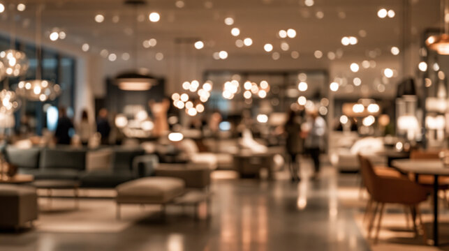 Blurred luxury furniture showroom with modern sofas, dining tables, warm pendant lighting, shoppers and polished floor for premium interior design, retail advertising and home decor background use