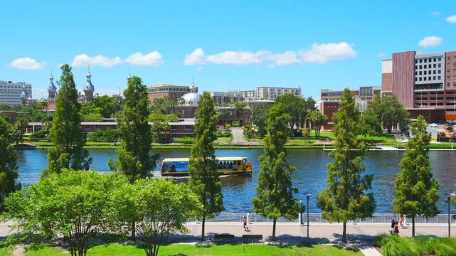 Tampa, Florida USA - Jan 03, 2024: Tampa Hillsborough riverwalk, downtown and University of Tampa landscape