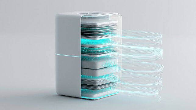 Sleek air purifier design with glowing elements and clean lines.