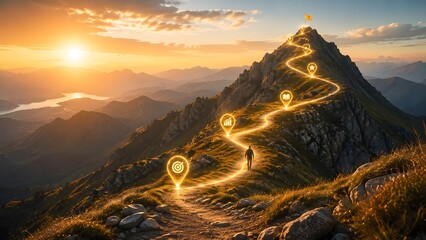 Obraz premium Beautiful sunset mountain landscape with a glowing golden path and map pins leading a hiker to the summit of success and achievement.