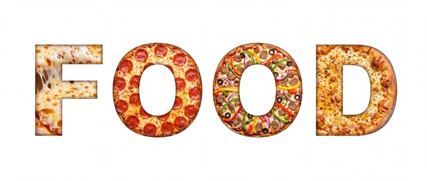 Creative food typography with pizza and toppings forming the word food with set against white background letters made various spelled out letters