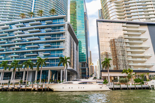 Luxury life. Vacation on summer. Yacht at sea. Sea vacation on summer. Luxury boat motor yacht in sea marina. Private yacht. Luxury yacht at Biscayne bay. Boating and yachting charter