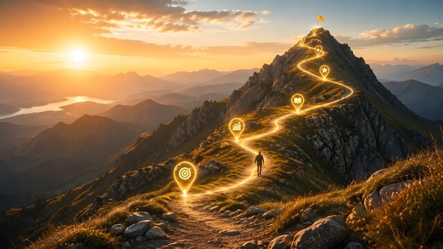 Beautiful sunset mountain landscape with a glowing golden path and map pins leading a hiker to the summit of success and achievement.